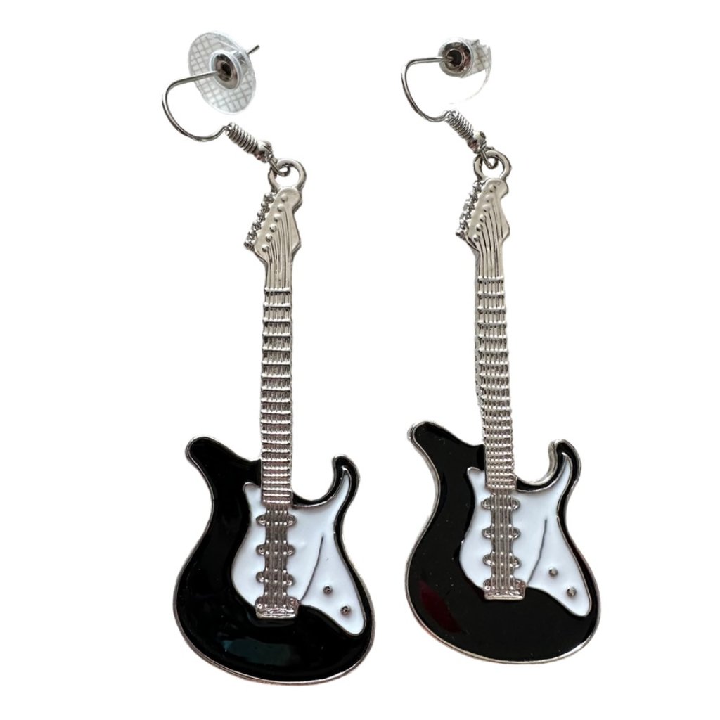 Rock On Little Black And White Enamel Guitar Earrings New 22$